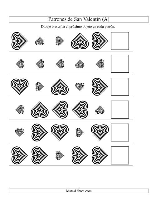 La hoja de ejercicios de Secuencias de San Valentín en Base a Dos Atributos (Tamaño y Rotación) -- Corazón Blanco y Negro (A)