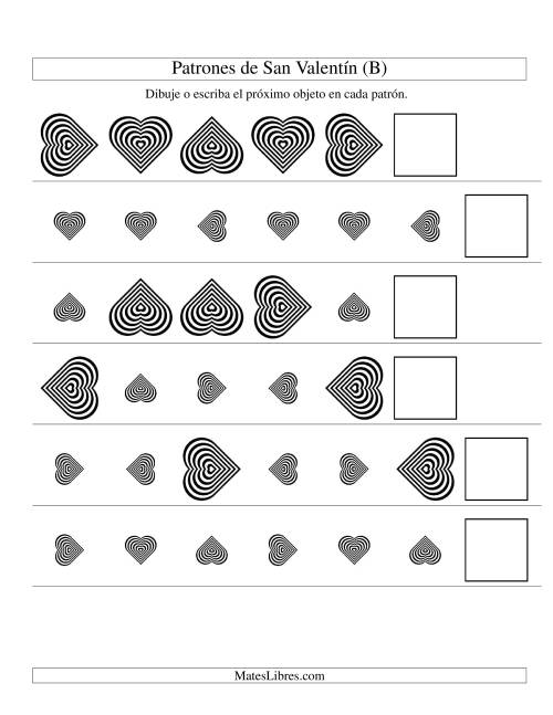 La hoja de ejercicios de Secuencias de San Valentín en Base a Dos Atributos (Tamaño y Rotación) -- Corazón Blanco y Negro (B)