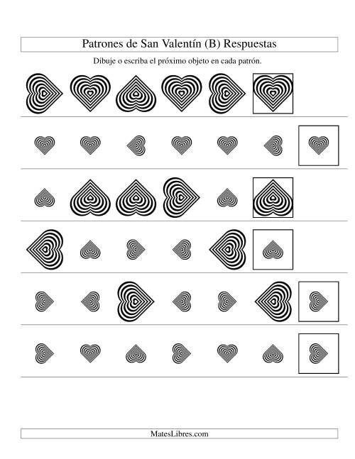 La hoja de ejercicios de Secuencias de San Valentín en Base a Dos Atributos (Tamaño y Rotación) -- Corazón Blanco y Negro (B) Página 2