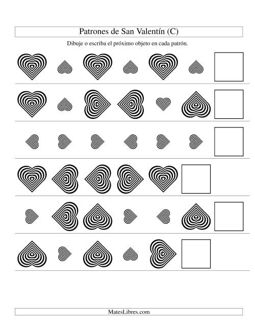 La hoja de ejercicios de Secuencias de San Valentín en Base a Dos Atributos (Tamaño y Rotación) -- Corazón Blanco y Negro (C)