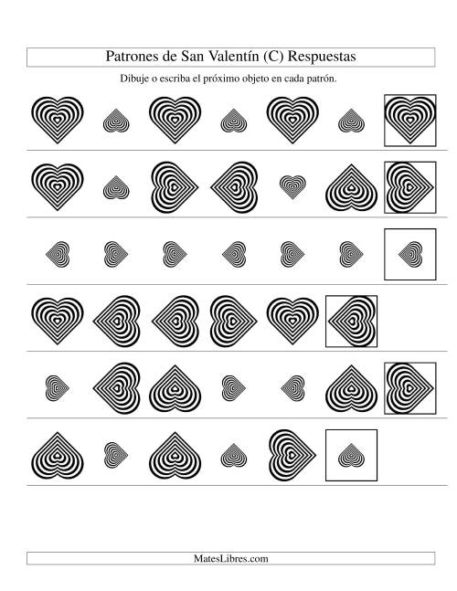 La hoja de ejercicios de Secuencias de San Valentín en Base a Dos Atributos (Tamaño y Rotación) -- Corazón Blanco y Negro (C) Página 2