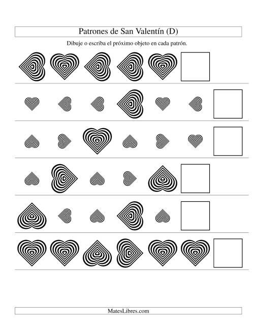 La hoja de ejercicios de Secuencias de San Valentín en Base a Dos Atributos (Tamaño y Rotación) -- Corazón Blanco y Negro (D)
