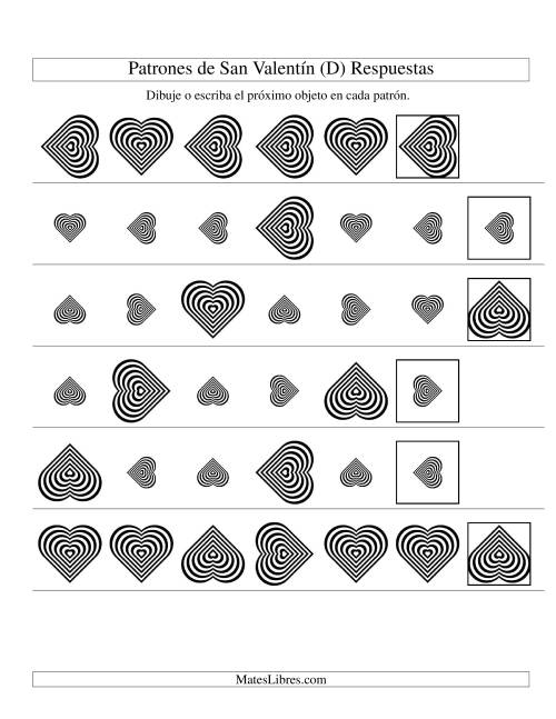 La hoja de ejercicios de Secuencias de San Valentín en Base a Dos Atributos (Tamaño y Rotación) -- Corazón Blanco y Negro (D) Página 2