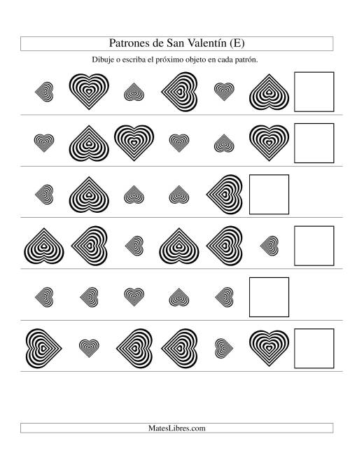 La hoja de ejercicios de Secuencias de San Valentín en Base a Dos Atributos (Tamaño y Rotación) -- Corazón Blanco y Negro (E)