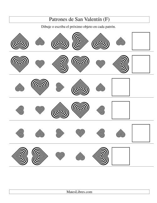 La hoja de ejercicios de Secuencias de San Valentín en Base a Dos Atributos (Tamaño y Rotación) -- Corazón Blanco y Negro (F)