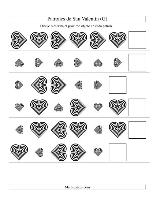 La hoja de ejercicios de Secuencias de San Valentín en Base a Dos Atributos (Tamaño y Rotación) -- Corazón Blanco y Negro (G)