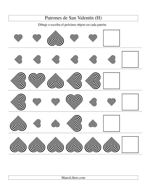 La hoja de ejercicios de Secuencias de San Valentín en Base a Dos Atributos (Tamaño y Rotación) -- Corazón Blanco y Negro (H)