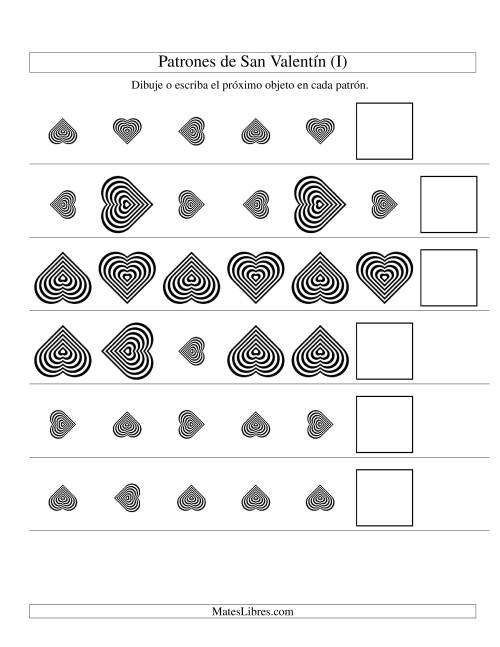 La hoja de ejercicios de Secuencias de San Valentín en Base a Dos Atributos (Tamaño y Rotación) -- Corazón Blanco y Negro (I)
