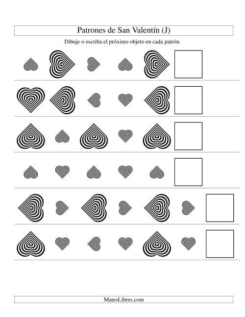 La hoja de ejercicios de Secuencias de San Valentín en Base a Dos Atributos (Tamaño y Rotación) -- Corazón Blanco y Negro (J)