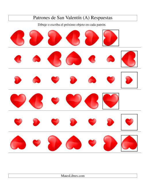 La hoja de ejercicios de Secuencias de San Valentín en Base a Dos Atributos (Tamaño y Rotación) -- Corazón (Todas) Página 2
