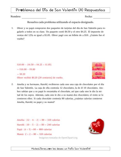 La hoja de ejercicios de Problemas de Matemáticas del Día de San Valentín (Varios Pasos) (A) Página 2