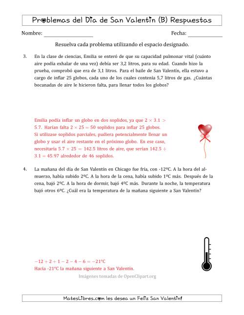 La hoja de ejercicios de Problemas de Matemáticas del Día de San Valentín (Varios Pasos) (B) Página 2