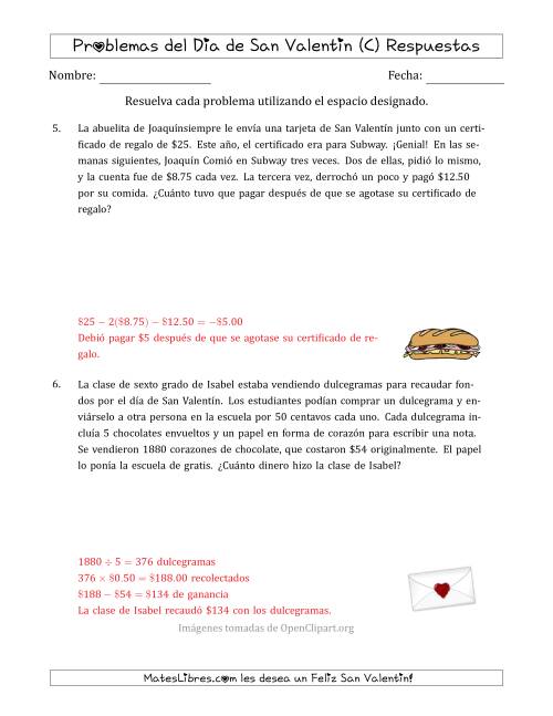 La hoja de ejercicios de Problemas de Matemáticas del Día de San Valentín (Varios Pasos) (C) Página 2