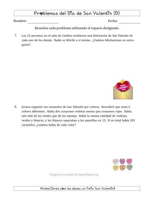 La hoja de ejercicios de Problemas de Matemáticas del Día de San Valentín (Varios Pasos) (D)