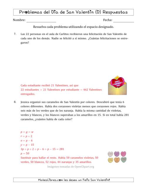 La hoja de ejercicios de Problemas de Matemáticas del Día de San Valentín (Varios Pasos) (D) Página 2