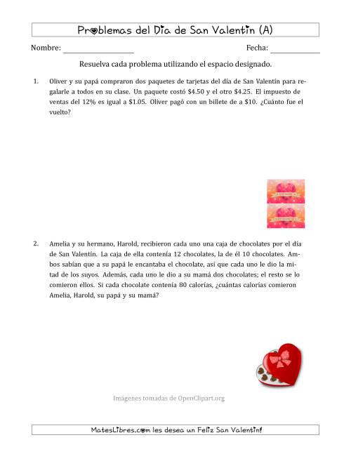 La hoja de ejercicios de Problemas de Matemáticas del Día de San Valentín (Varios Pasos) (Todas)