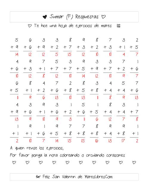 La hoja de ejercicios de Suma de San Valentín (Rango de 1 a 9) (F) Página 2