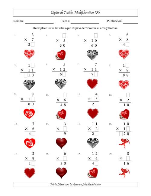 La hoja de ejercicios de Cifras Perdidas de Cupido, Multiplicación (Versión Fácil) (A)