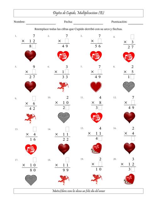 La hoja de ejercicios de Dígitos perdidos de Cupido, Multiplicacióon (Versión Fácil) (B)