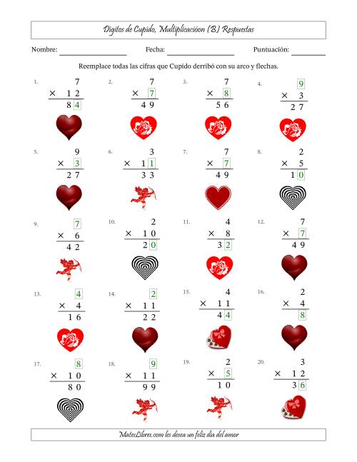 La hoja de ejercicios de Dígitos perdidos de Cupido, Multiplicacióon (Versión Fácil) (B) Página 2