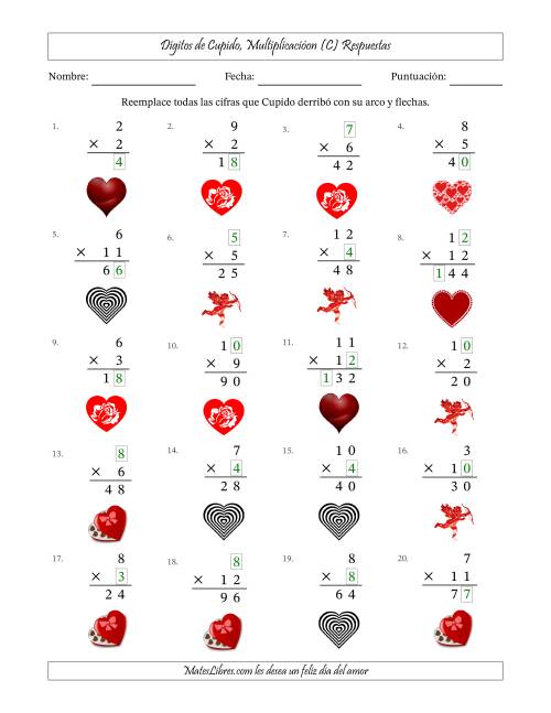 La hoja de ejercicios de Dígitos perdidos de Cupido, Multiplicacióon (Versión Fácil) (C) Página 2