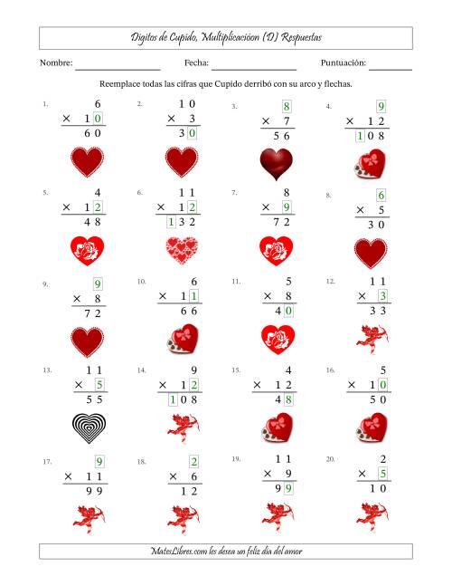 La hoja de ejercicios de Dígitos perdidos de Cupido, Multiplicacióon (Versión Fácil) (D) Página 2