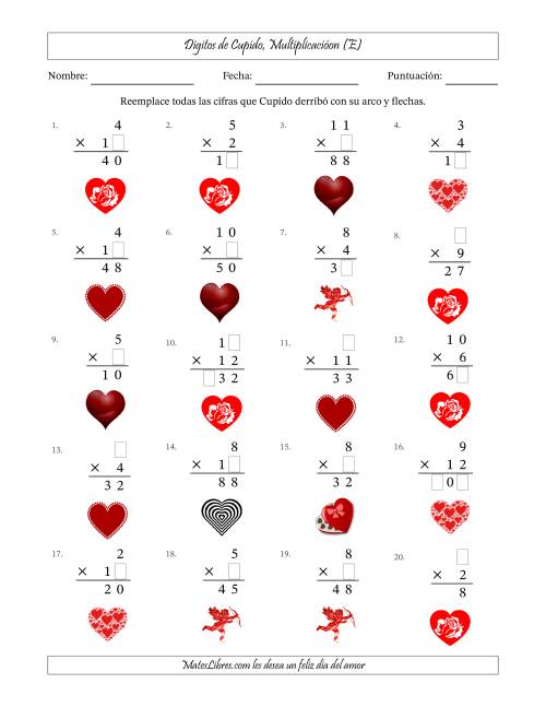 La hoja de ejercicios de Dígitos perdidos de Cupido, Multiplicacióon (Versión Fácil) (E)