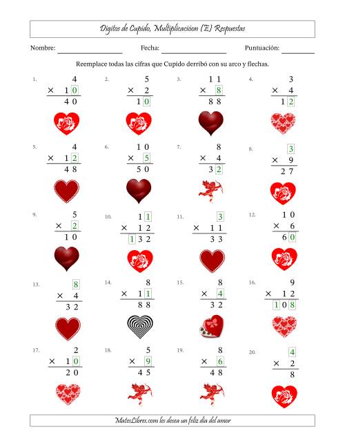 La hoja de ejercicios de Dígitos perdidos de Cupido, Multiplicacióon (Versión Fácil) (E) Página 2