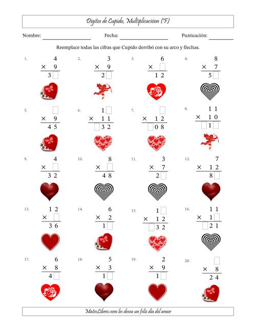 La hoja de ejercicios de Dígitos perdidos de Cupido, Multiplicacióon (Versión Fácil) (F)