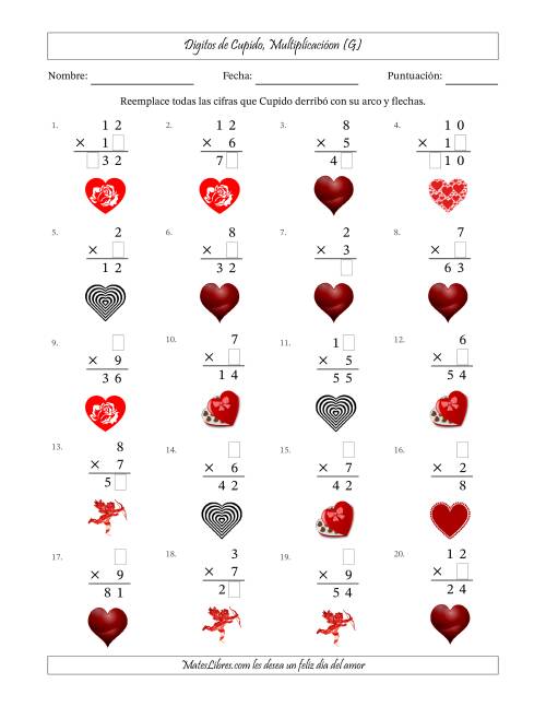 La hoja de ejercicios de Dígitos perdidos de Cupido, Multiplicacióon (Versión Fácil) (G)