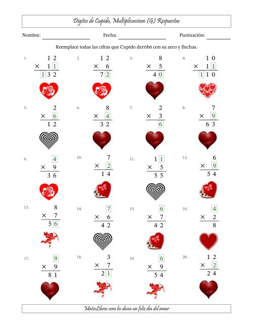La hoja de ejercicios de Dígitos perdidos de Cupido, Multiplicacióon (Versión Fácil) (G) Página 2