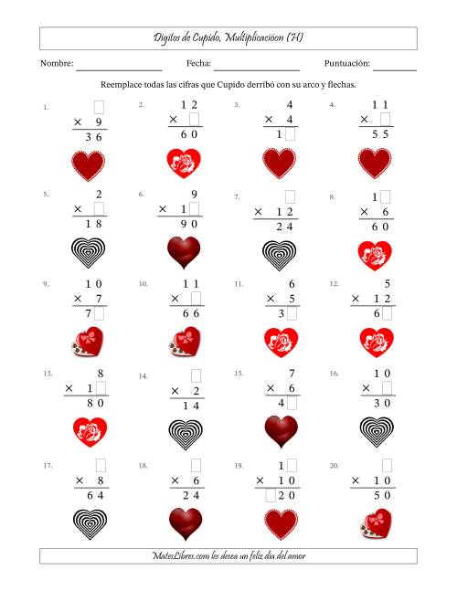 La hoja de ejercicios de Dígitos perdidos de Cupido, Multiplicacióon (Versión Fácil) (H)