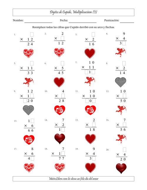 La hoja de ejercicios de Dígitos perdidos de Cupido, Multiplicacióon (Versión Fácil) (I)