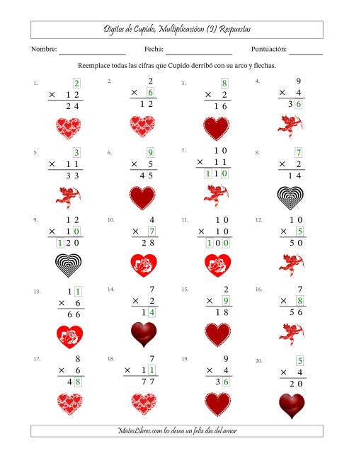 La hoja de ejercicios de Dígitos perdidos de Cupido, Multiplicacióon (Versión Fácil) (I) Página 2