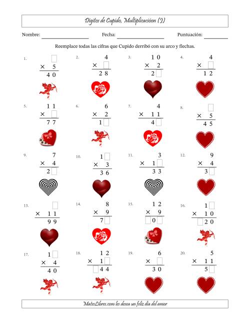 La hoja de ejercicios de Dígitos perdidos de Cupido, Multiplicacióon (Versión Fácil) (J)