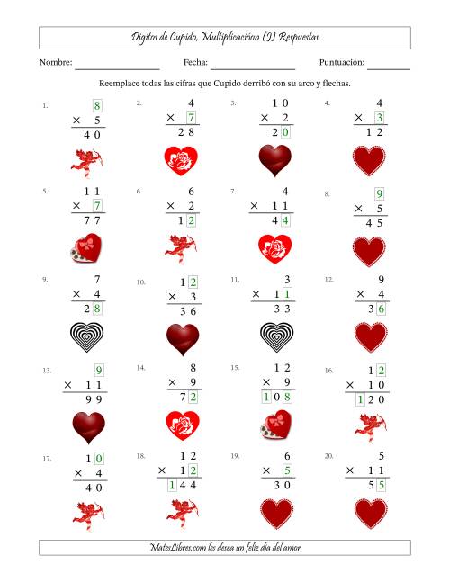 La hoja de ejercicios de Dígitos perdidos de Cupido, Multiplicacióon (Versión Fácil) (J) Página 2