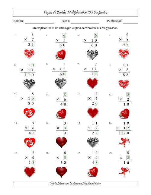 La hoja de ejercicios de Dígitos perdidos de Cupido, Multiplicacióon (Versión Fácil) (Todas) Página 2