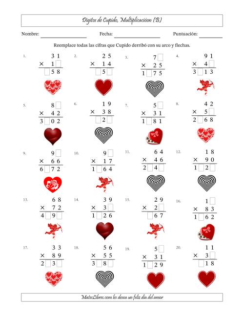 La hoja de ejercicios de Dígitos perdidos de Cupido, Multiplicacióon (Versión Difícil) (B)