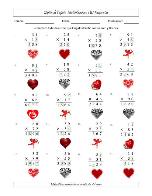 La hoja de ejercicios de Dígitos perdidos de Cupido, Multiplicacióon (Versión Difícil) (B) Página 2