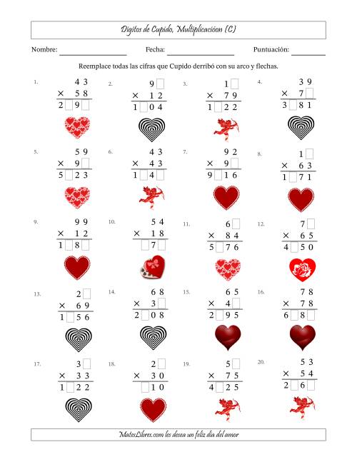 La hoja de ejercicios de Dígitos perdidos de Cupido, Multiplicacióon (Versión Difícil) (C)