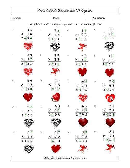 La hoja de ejercicios de Dígitos perdidos de Cupido, Multiplicacióon (Versión Difícil) (C) Página 2