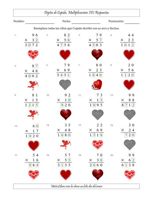 La hoja de ejercicios de Dígitos perdidos de Cupido, Multiplicacióon (Versión Difícil) (D) Página 2