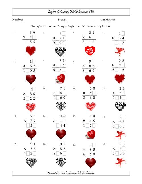La hoja de ejercicios de Dígitos perdidos de Cupido, Multiplicacióon (Versión Difícil) (E)