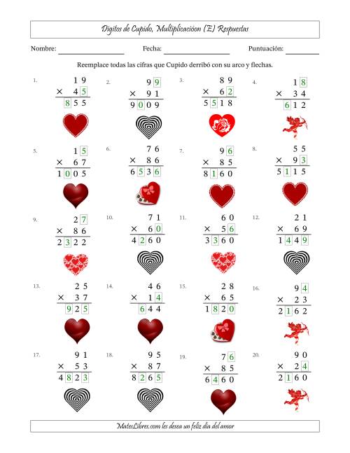 La hoja de ejercicios de Dígitos perdidos de Cupido, Multiplicacióon (Versión Difícil) (E) Página 2