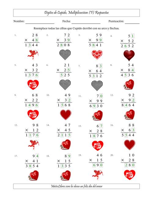 La hoja de ejercicios de Dígitos perdidos de Cupido, Multiplicacióon (Versión Difícil) (F) Página 2