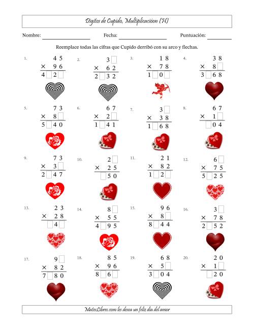 La hoja de ejercicios de Dígitos perdidos de Cupido, Multiplicacióon (Versión Difícil) (H)