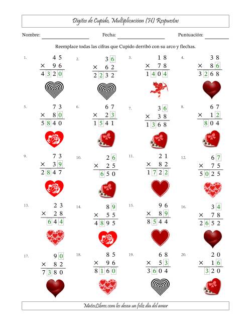 La hoja de ejercicios de Dígitos perdidos de Cupido, Multiplicacióon (Versión Difícil) (H) Página 2