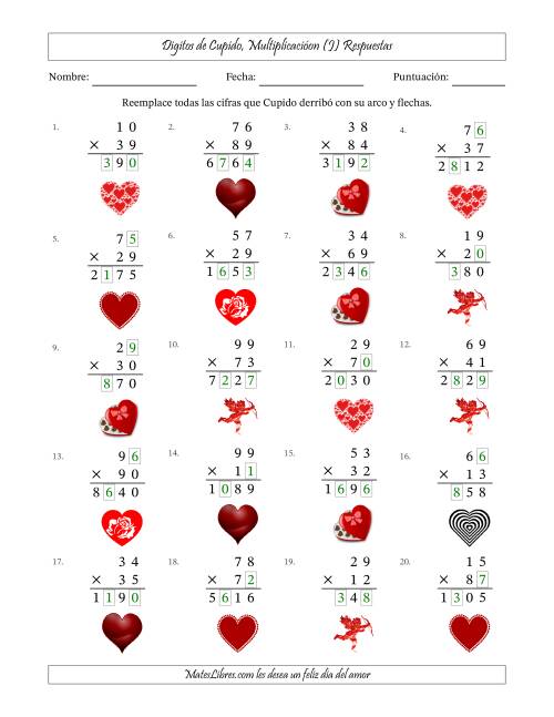 La hoja de ejercicios de Dígitos perdidos de Cupido, Multiplicacióon (Versión Difícil) (J) Página 2