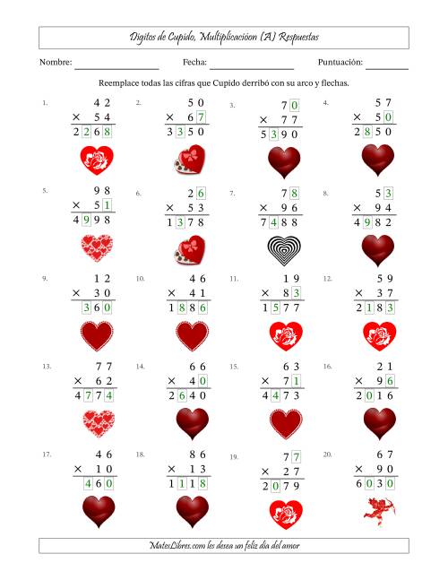 La hoja de ejercicios de Dígitos perdidos de Cupido, Multiplicacióon (Versión Difícil) (Todas) Página 2
