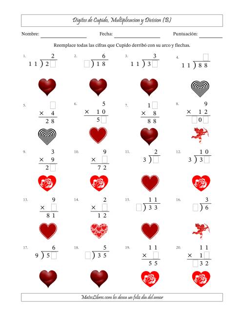 La hoja de ejercicios de Dígitos perdidos de Cupido, Multiplicacion y Division (Versión Fácil) (B)